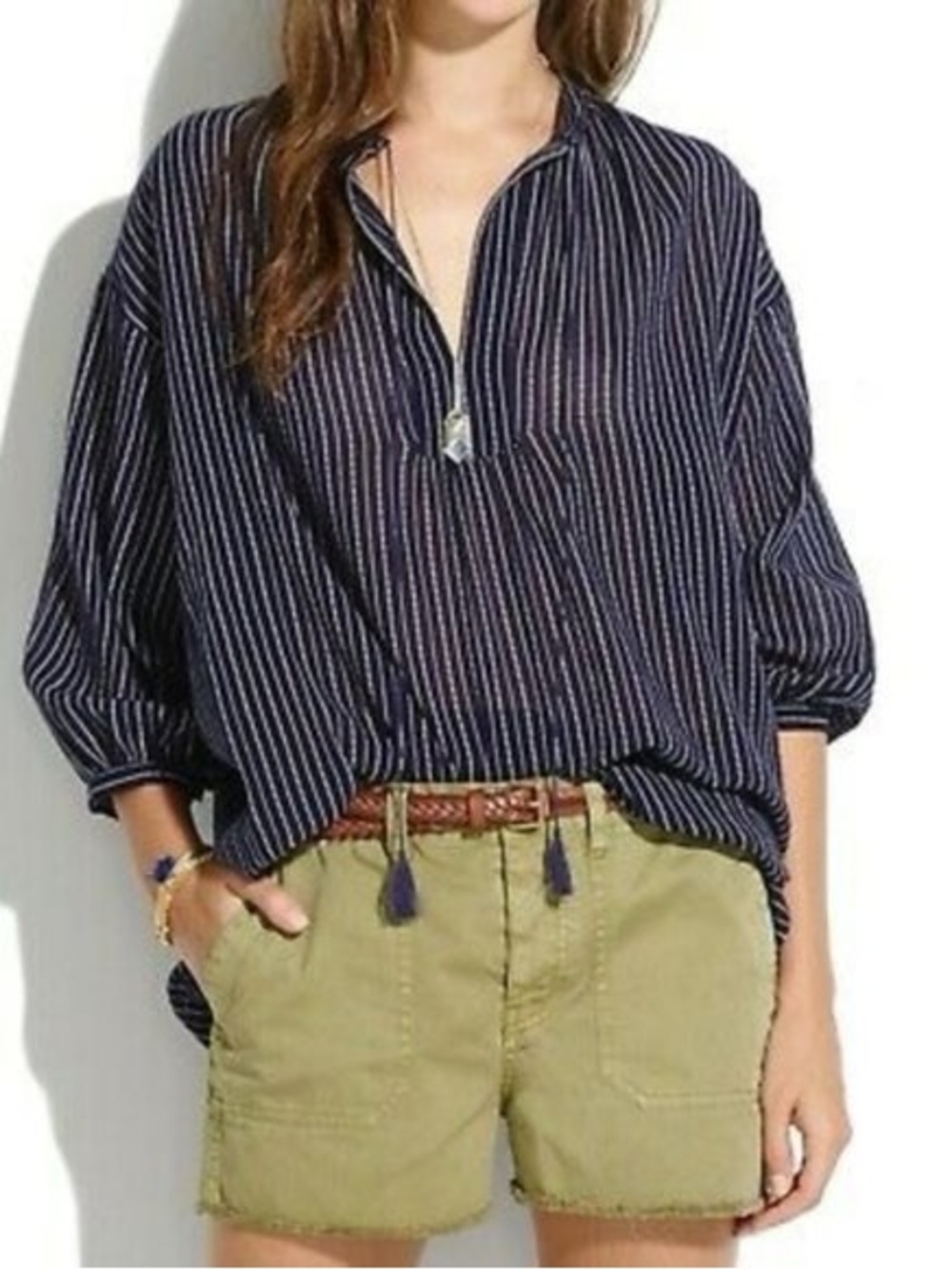 Madewell Medium Navy Blue White Striped Cotton Tunic Top Oversized Boxy